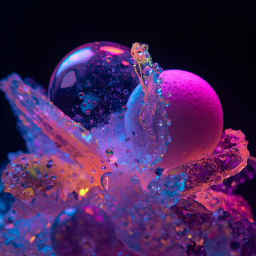 Abstract futuristic sphere with glowing red bubbles and crystal splashes