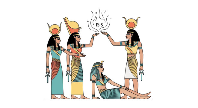 Ancient Egyptian Goddess Isis with Mourning Sisters and Offering