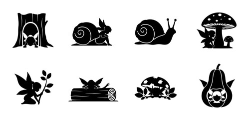 Whimsical Fairy Icons, Enchanted Forest Elements, Magical Woodland Creatures, Cute Fantasy Silhouettes © Nusrat