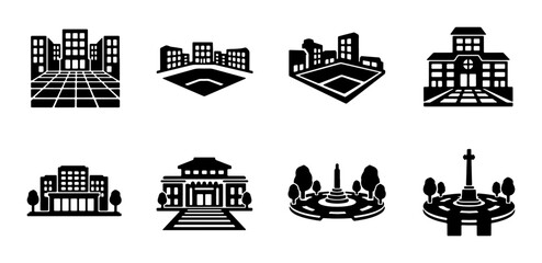 Naklejka premium Cityscape Icons, Urban Buildings, and Monument Symbols, Vector Set for Architecture and City Planning