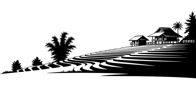 Black and white illustration of terraced rice fields with traditional huts