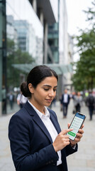 Fototapeta premium Young Middle Eastern Woman Using Smartphone Outdoors for Mobile Compliance Approval