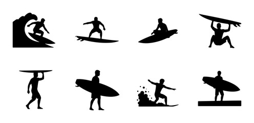 Surfing Silhouettes Collection: Dynamic Water Sports Action Icons, Ocean Wave Riders, Beach Lifestyle Vector Graphics for Summer Recreation and Adventure Themes © Nusrat