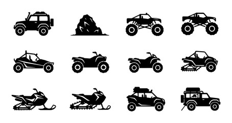 Off-Road Vehicle Icons Set, Rugged Terrain Adventure Transport Collection, Extreme Sports and Outdoor Recreation Vector Graphics © Imran