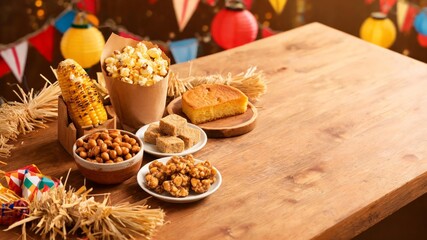 Fototapeta premium Traditional Brazilian Festa Junina food arrangement on a rustic wooden table with copy space, featuring grilled corn, popcorn, corn cake, peanuts, and festive decorations like flags and lanterns