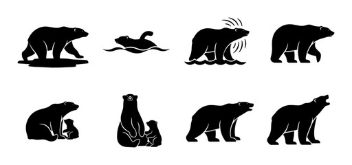 Polar Bear Silhouettes Collection, Arctic Wildlife Icons, Mother and Cub, Swimming Bear, Ice Floe, Nature Graphics © Farzana