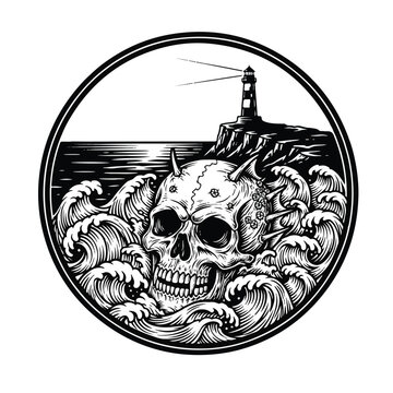 Pirate skull with sea waves.