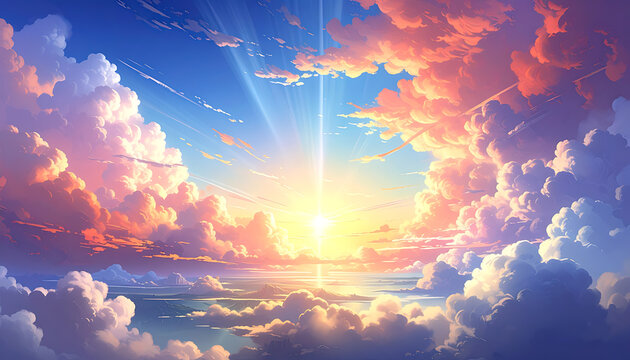 Vibrant anime sky at sunset with sun rays breaking through fluffy clouds over calm ocean, inspirational, peaceful, ethereal