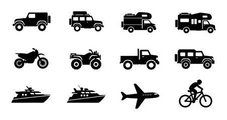 Vehicle Icons Set: Diverse Transportation Collection, SUV, RV, Motorcycle, ATV, Pickup Truck, Boat, Airplane, Bicycle Silhouettes for Travel and Adventure © Imran