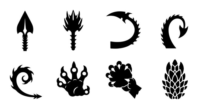 Fantasy Creature Elements Vector Icons: Dragon Claws, Tails, Spikes, and Arrowheads for Game Design and Mythology Graphics