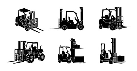 Forklift Icons Set, Industrial Vehicle Silhouettes, Warehouse Equipment Vector Graphics, Heavy Machinery Collection © Farzana