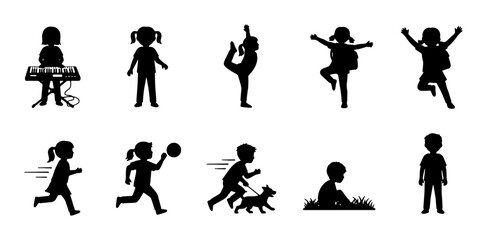 Children Silhouettes: Diverse Activities, Music, Dance, Sports, Play, and Dog Walking Vector Icons © Farzana