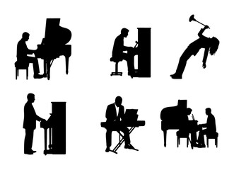 Musician Silhouettes: Piano Player, Keyboardist, and Trumpeter Vector Icons for Music Performance and Entertainment Concepts