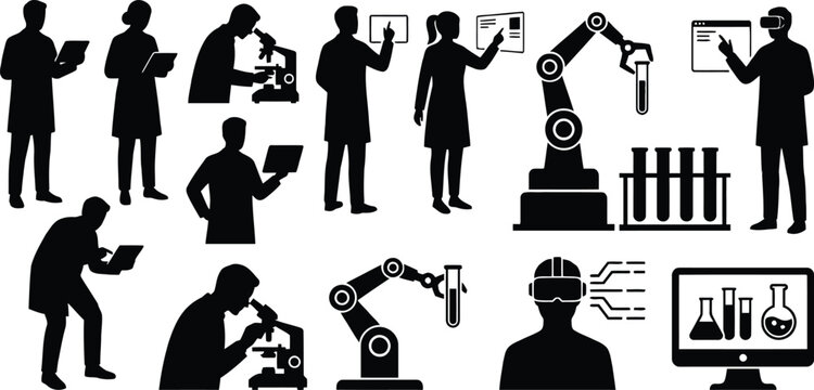 Scientists and robots working in modern lab