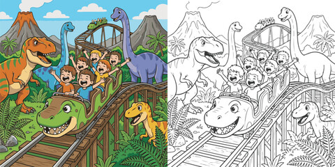  children visiting dinosaur world theme park cartoon clipart and lineart print vector illustration for color coloring book © Avijit