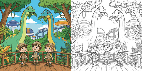  children visiting dinosaur world theme park cartoon clipart and lineart print vector illustration for color coloring book © Avijit