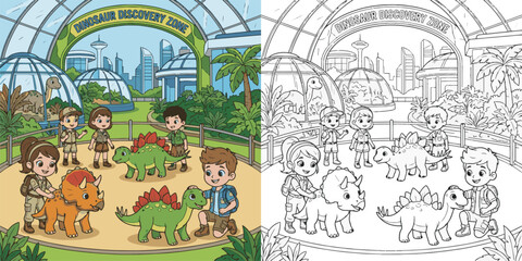  children visiting dinosaur world theme park cartoon clipart and lineart print vector illustration for color coloring book © Avijit