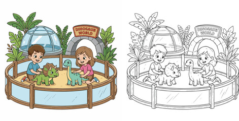  children visiting dinosaur world theme park cartoon clipart and lineart print vector illustration for color coloring book © Avijit