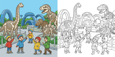  children visiting dinosaur world theme park cartoon clipart and lineart print vector illustration for color coloring book © Avijit