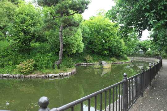 Walking path along the historic moat at Gogazuka Kofun in Itami