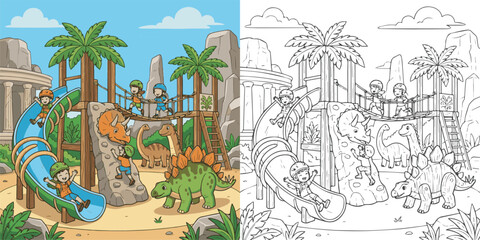  children visiting dinosaur world theme park cartoon clipart and lineart print vector illustration for color coloring book © Avijit