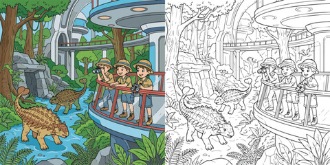  children visiting dinosaur world theme park cartoon clipart and lineart print vector illustration for color coloring book © Avijit