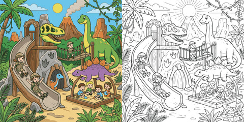  children visiting dinosaur world theme park cartoon clipart and lineart print vector illustration for color coloring book © Avijit