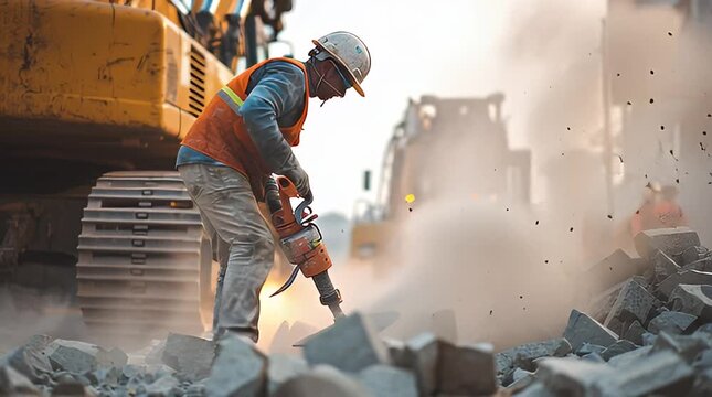 Construction worker demolishing concrete with a jackhammer in a dusty environment