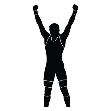 Wrestling athlete celebrating victory with arms raised in triumphant posture black silhouette.