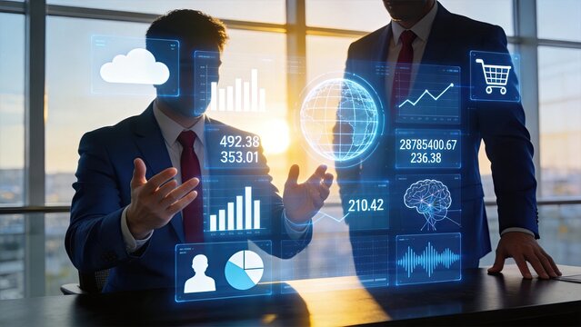 Businessmen analyzing holographic data charts graphs and global network statistics for financial strategy planning in modern office