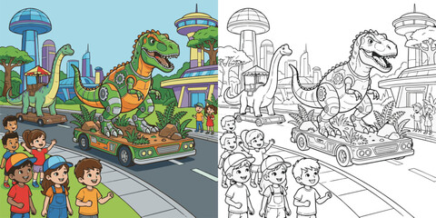  children visiting dinosaur world theme park cartoon clipart and lineart print vector illustration for color coloring book © Avijit