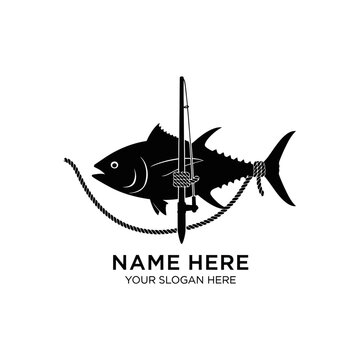 A black fish is pierced by a sword wrapped with a rope on a white background with a name and slogan.