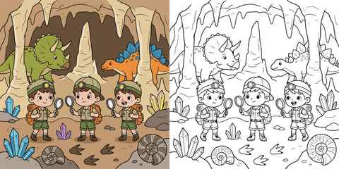  children visiting dinosaur world theme park cartoon clipart and lineart print vector illustration for color coloring book © Avijit