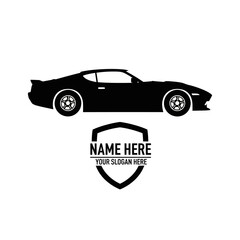 Obraz premium A sleek black sports car silhouette with shield emblem and placeholder text on a white background