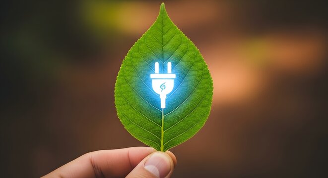 Green leaf with glowing electric plug icon