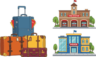 Fototapeta premium Vector illustration set containing vintage travel suitcases, a detailed cartoon fire station building, and a modern police station building