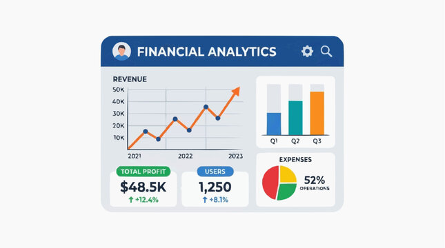 Financial Analytics Dashboard: A dynamic digital display showcasing crucial financial data, including revenue trends, user growth, and expense breakdown, presented in clear charts and graphs.