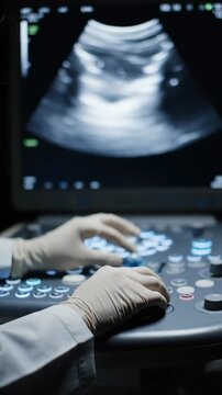 Control panel displays abdominal ultrasound with focused monitor view. Clinician monitors grayscale abdominal scan while finetuning device settings under soft lighting conditions