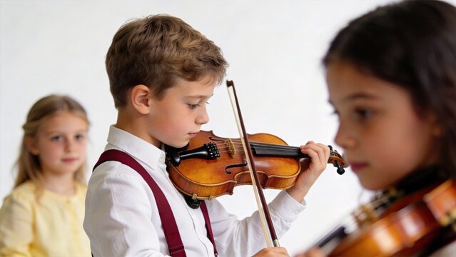 Young boy playing violin in music class, focused child learning instrument with teacher and classmates, education concept, string orchestra practice session, classical music