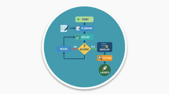 Business Process Flowchart: A clear and concise infographic illustrating the key stages of a business project lifecycle, from planning and design to development and launch.