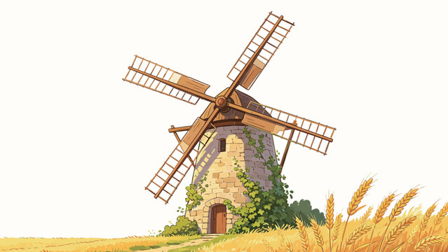 Whimsical warm hand-drawn illustration of a rustic stone windmill with wooden lattice sails and climbing ivy, set in a sunlit golden wheat field against a plain bright white background