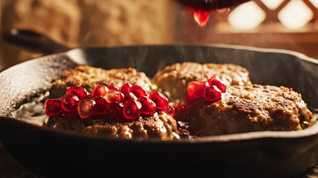 Grilled meat cutlet on hummus with pomegranate seeds mint and pita bread in Middle Eastern cuisine cooking video