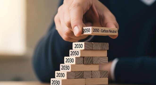 Hand placing wooden block with 2050 carbon neutral goal atop 2030 timeline