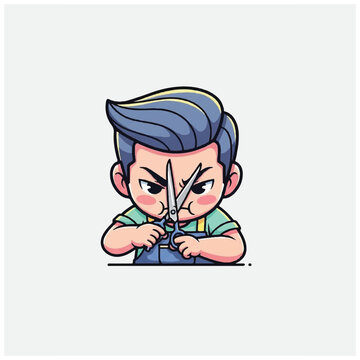 Cartoon boy cutting his own hair.