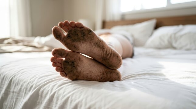 Dirty soles of a person resting on a clean white bed