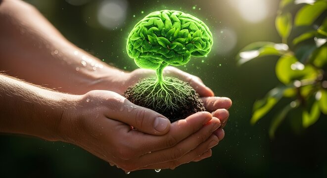 Green brain plant growing from soil held in hands