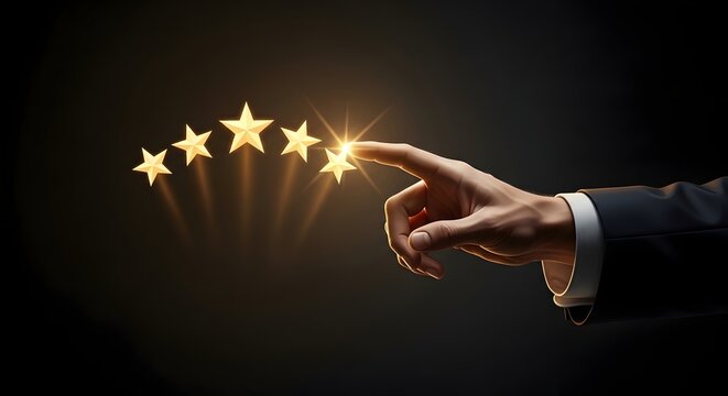 Hand touching glowing golden star rating on dark background