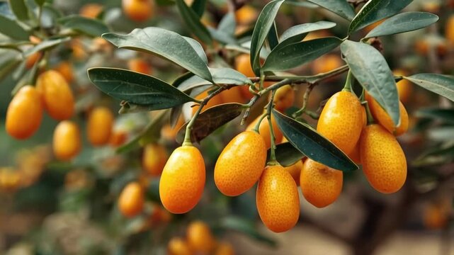 Kumquat fruits growing on a tree branch with green leaves in a garden