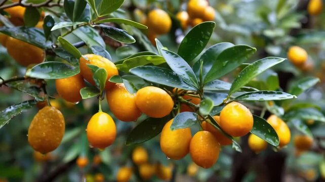 Kumquat fruits with green leaves and water droplets after rain