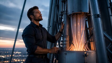 Fototapeta premium Focused Engineer Inspecting Advanced Telecommunications Equipment at Dusk.